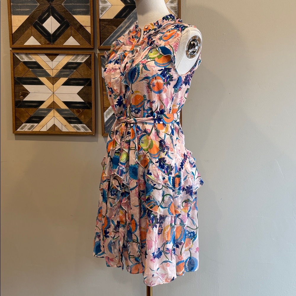 SALONI Floral Ruffle Button Down Tie Mini Dress size 0 - Picture 3 of 11